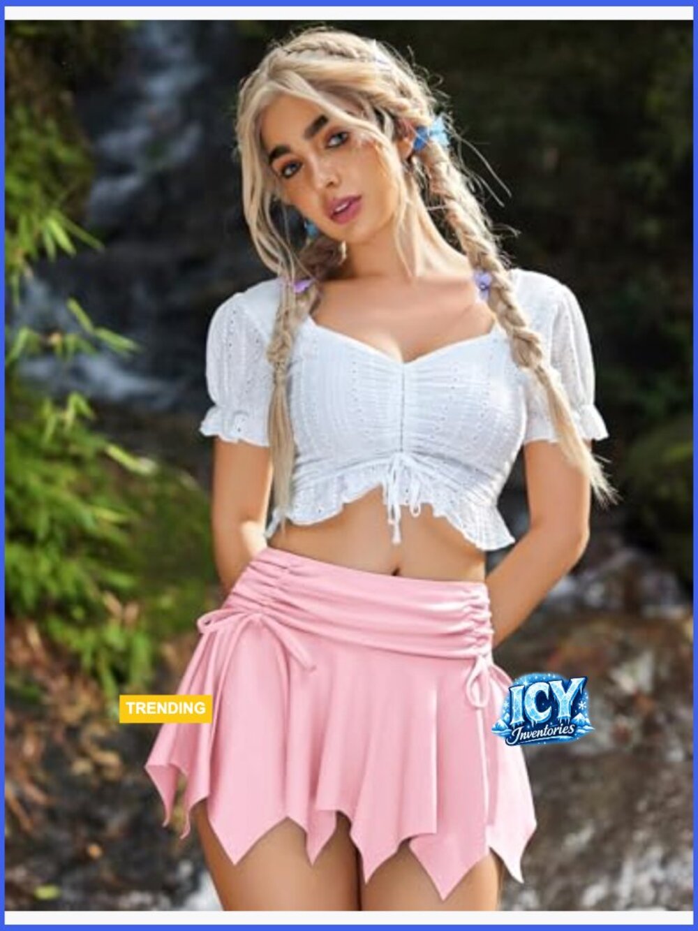 Polyester Spandex Mini Skirt with Drawstring Ruched Bow Asymmetrical Hem - Picture 5 of 7